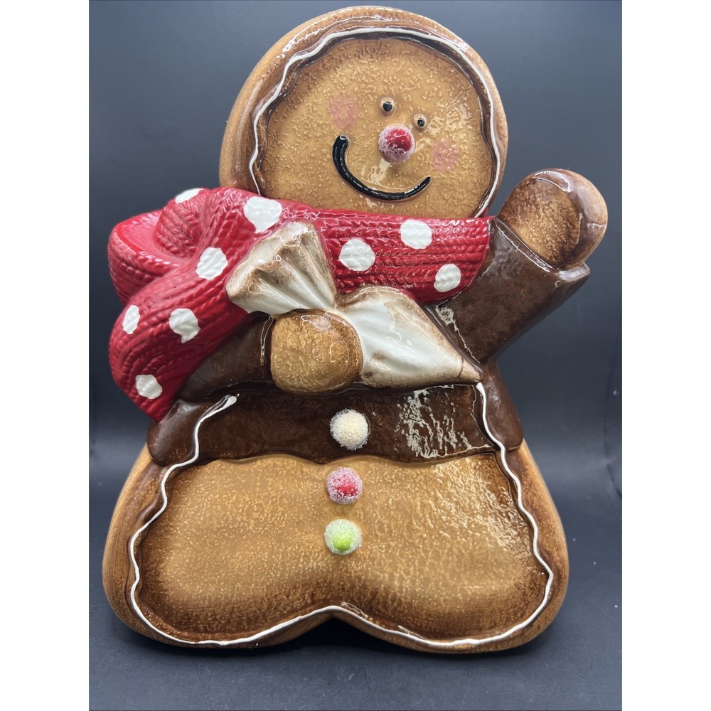 Cracker‎ Barrel Gingerbread Man Cookie Jar Red Polkadot Scarf Gumdrop Buttons